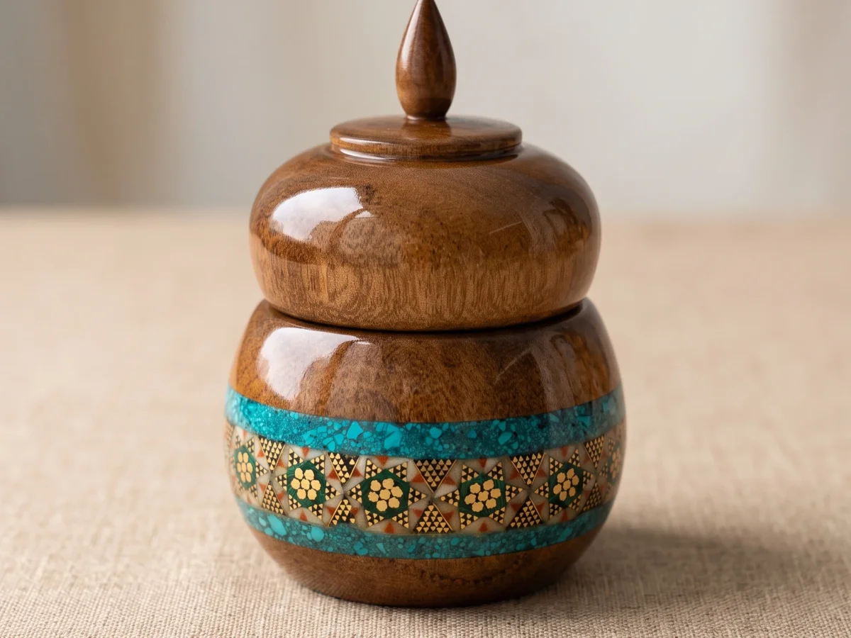 Shamse Khatam & Turquoise Wood Container | ظرف مرکب چوبی با خاتم شمسه و سنگ فیروزه