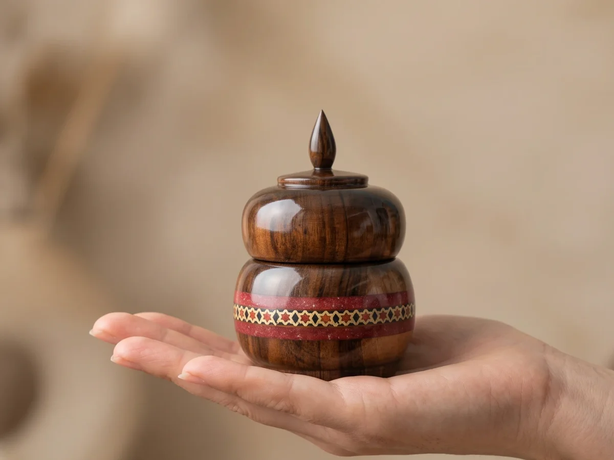 Khatam & Coral Wood Container | ظرف مرکب چوبی با خاتم و سنگ مرجان